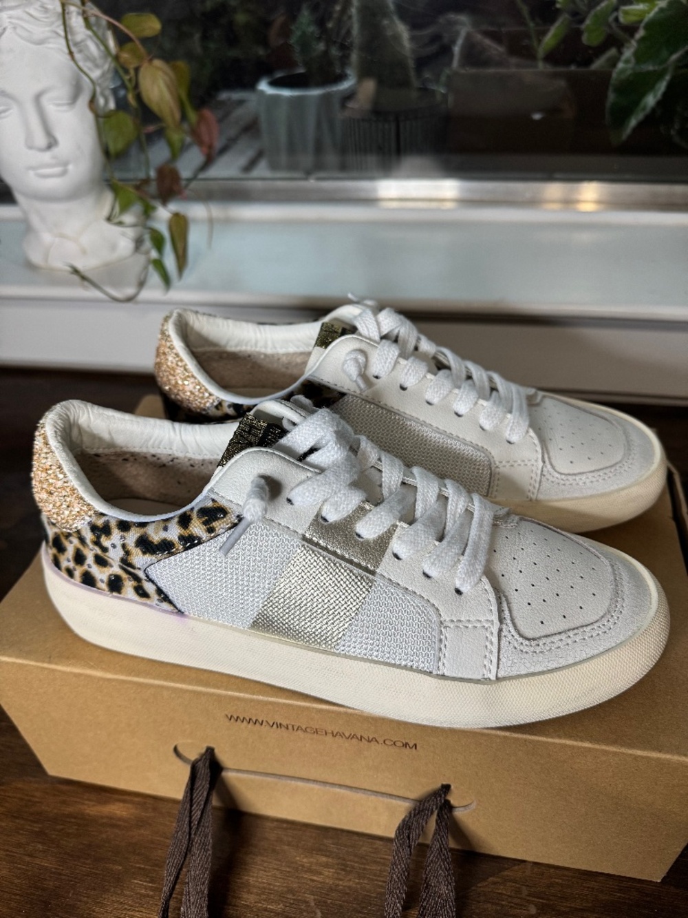 Vintage Havana - “Maxine” White Leather Sneaker with Cheetah Detail - Women’s Sz